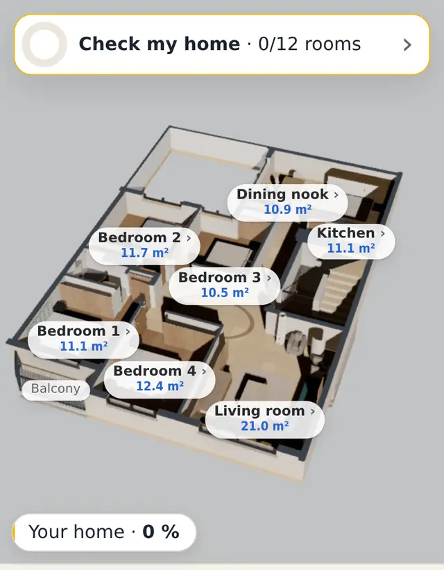 The example home in 3D on a phone, each room labelled with its area.