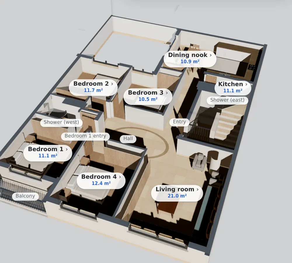 The example home in Darplan, seen from above in 3D, with each room named and its area in square metres.