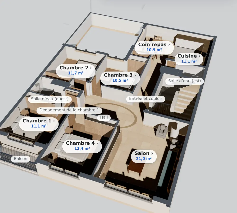 La maison exemple dans Darplan, vue de dessus en 3D, chaque pièce avec son nom et sa surface en mètres carrés.