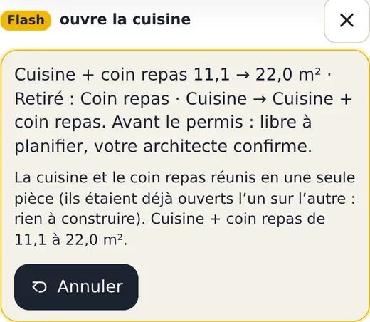 Une réponse dans l’app après « ouvre la cuisine » : cuisine et coin repas réunis, de 11,1 à 22,0 m², avec un bouton Annuler.